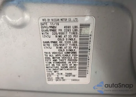 2020 Nissan Rogue Sv Fwd z USA, uszkodzony, nr VIN JN8AT2MT7LW030159